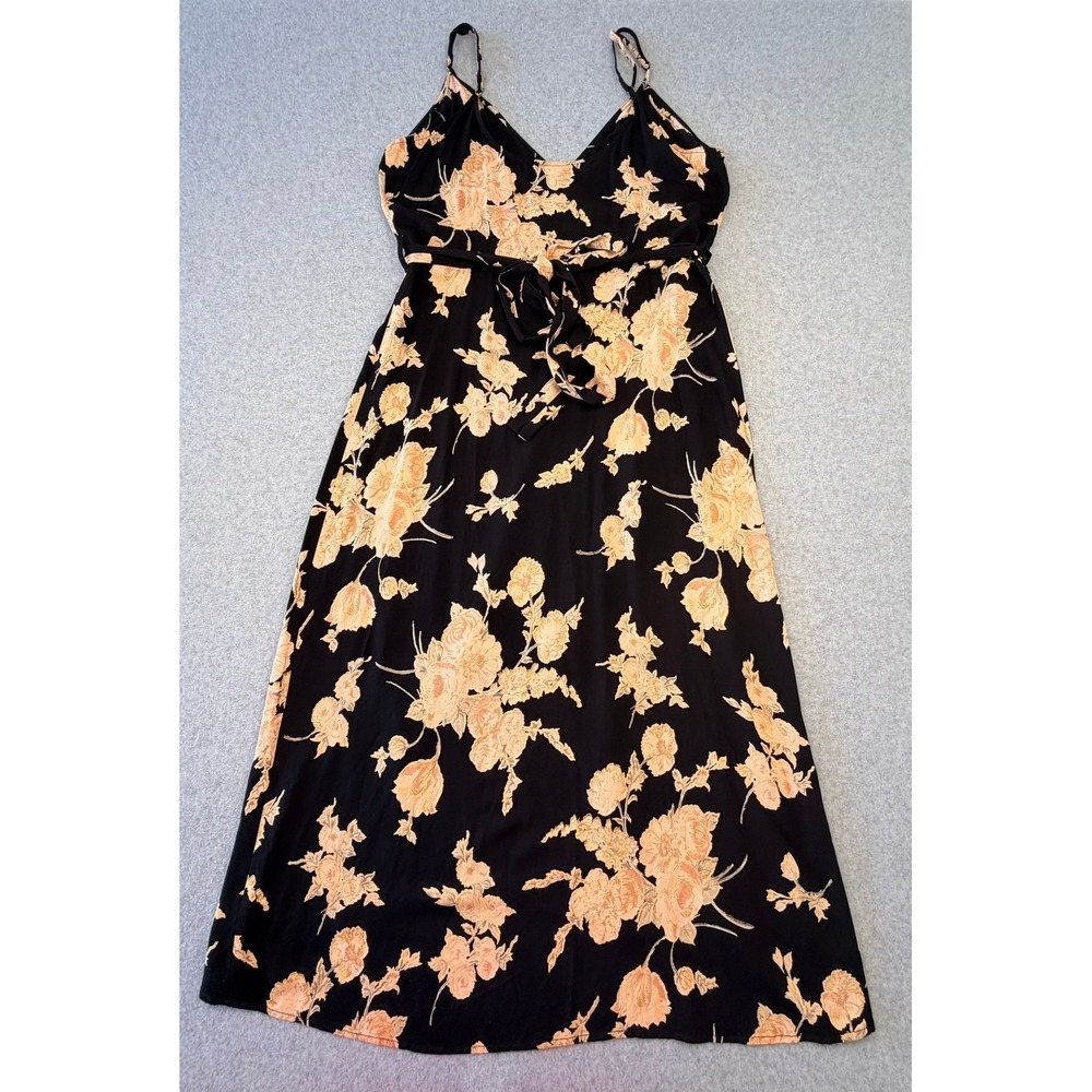 Saltwater Luxe Black Peach Floral Rayon Wrap Midi Dress Large Boho Cover Up